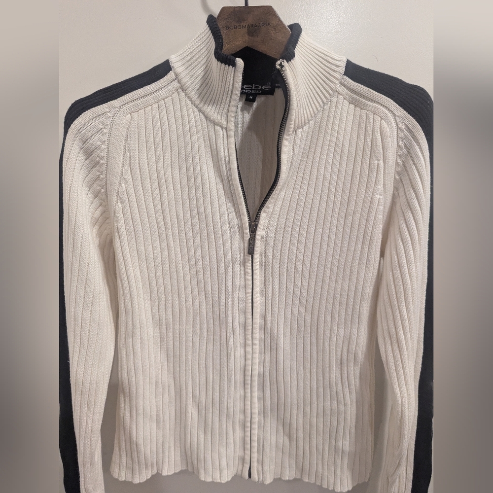Bebe Sport White and Black Ribbed Bomber Jacket